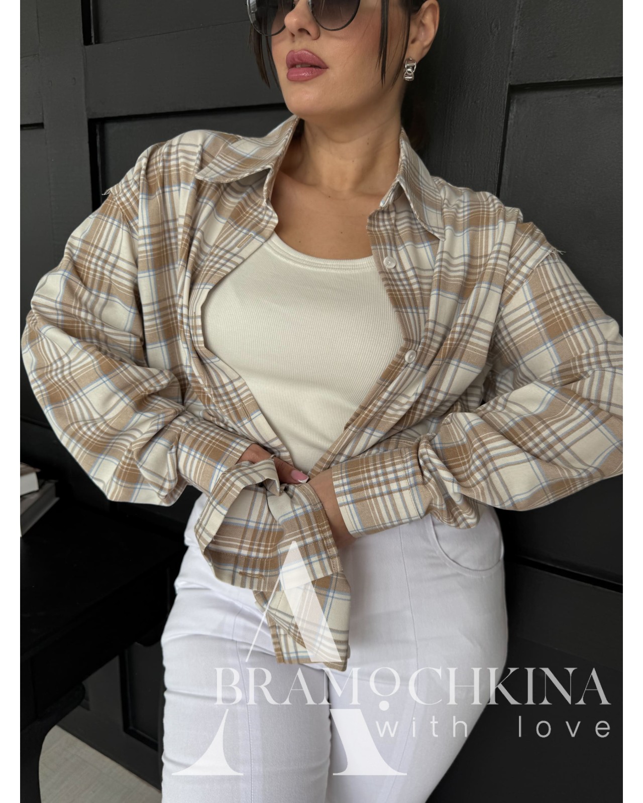 Сорочка в клітинку Бежева / Відкриті Шви